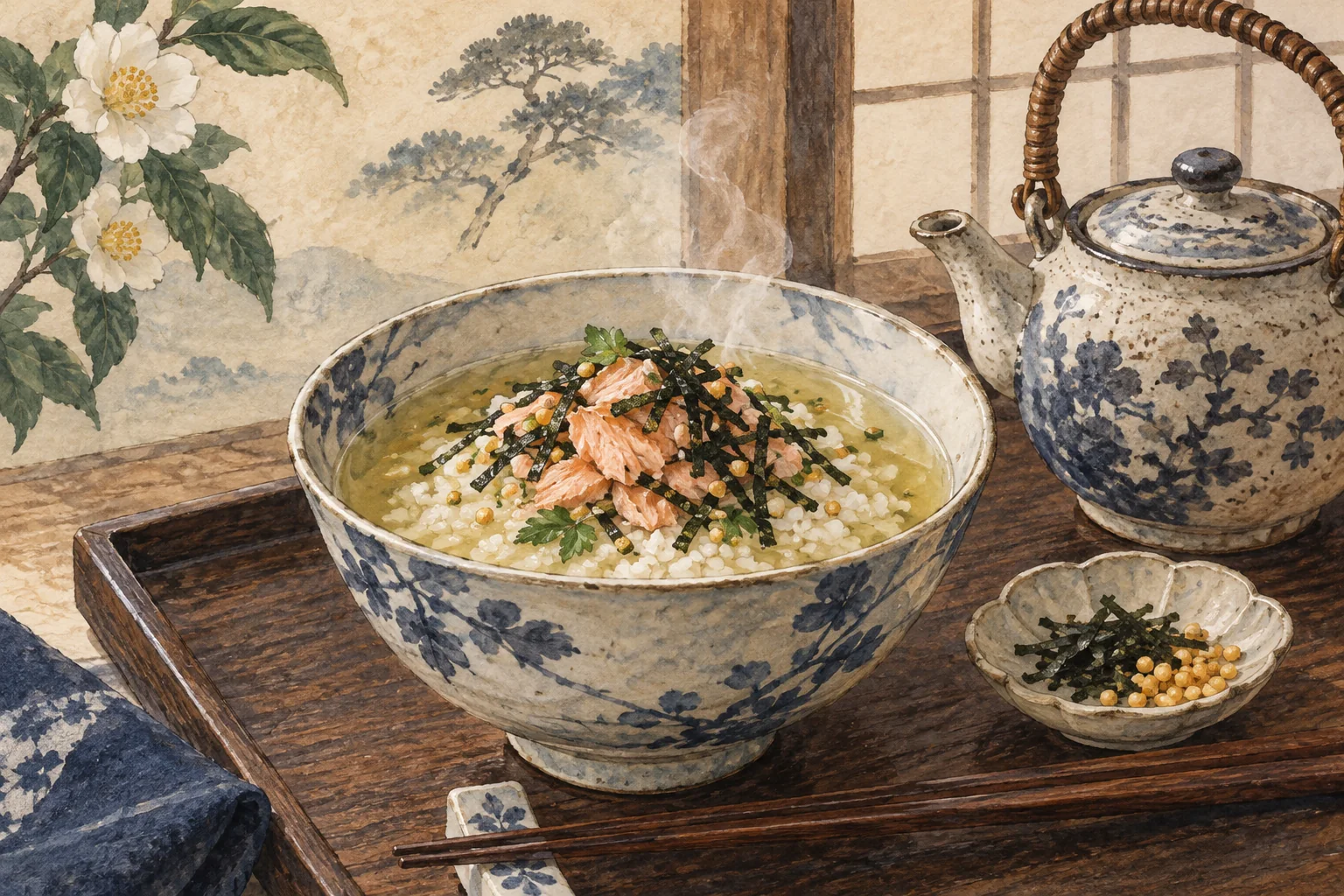 海苔と鮭をのせ、温かいお茶を注いだお茶漬け