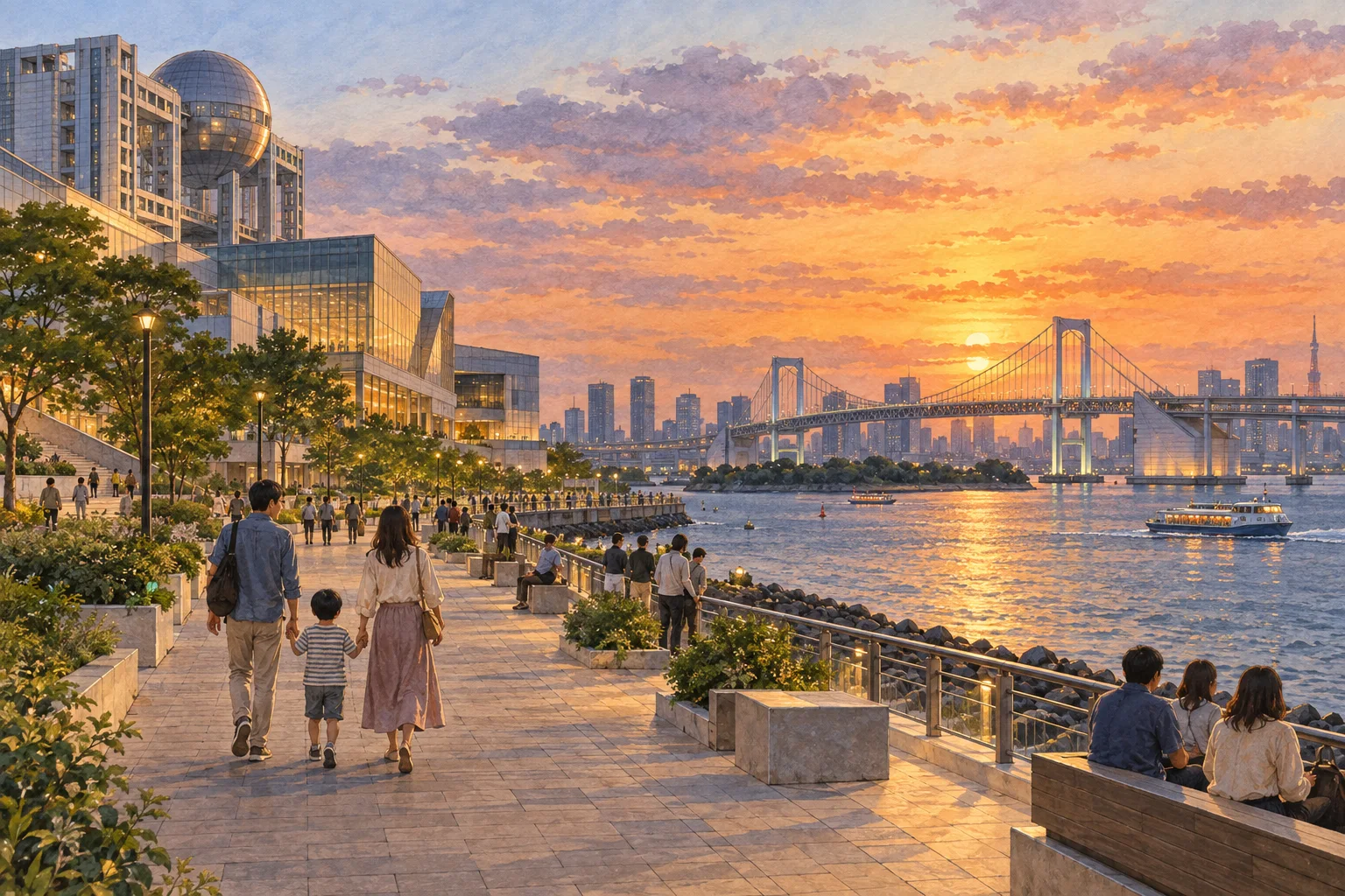 夕暮れのお台場の海辺と近代建築