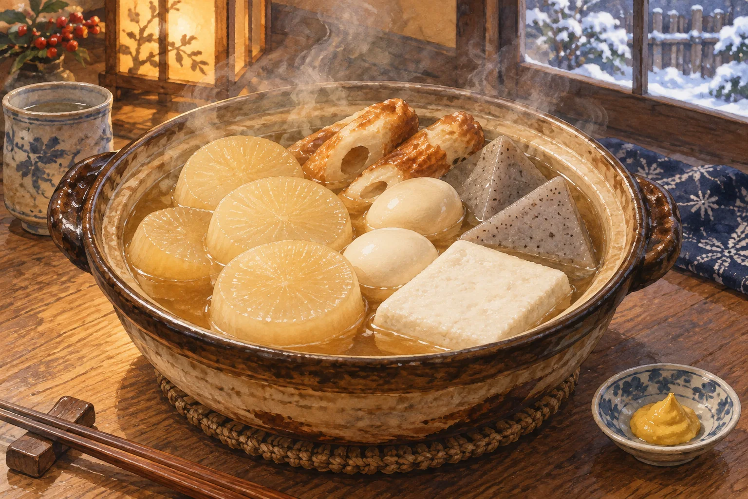 Oden with daikon, eggs, fish cakes and konnyaku simmering in an earthenware pot.
