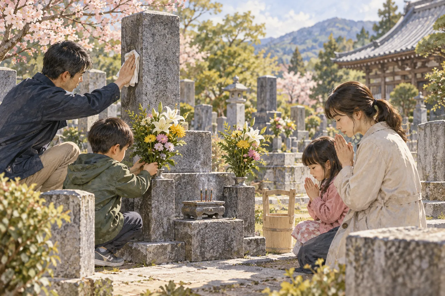 墓石を清め花と線香を供える家族