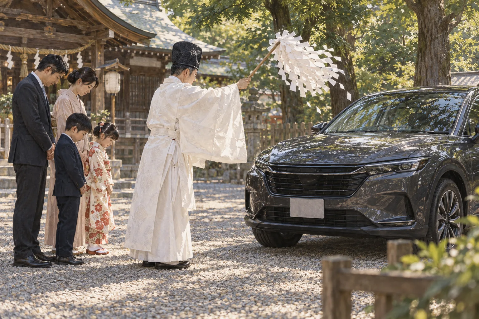 神社で新しい車と家族のお祓いをする神職