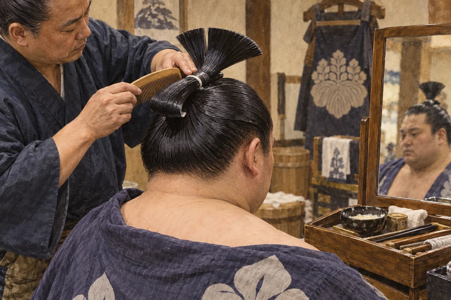 床山が力士の大銀杏を結う様子