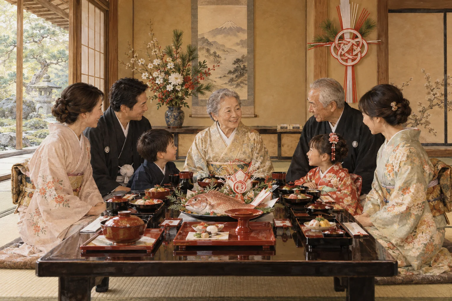 畳の宴席で祝い膳を囲む家族