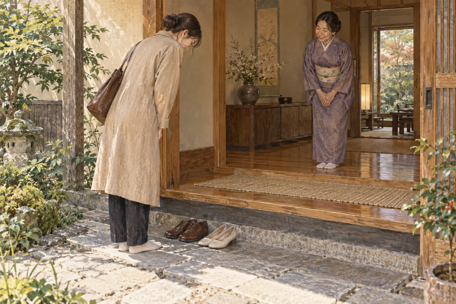 玄関でお邪魔しますと挨拶する客