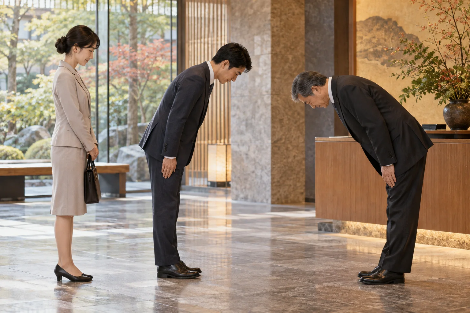 場面に応じた深さでお辞儀をする人々