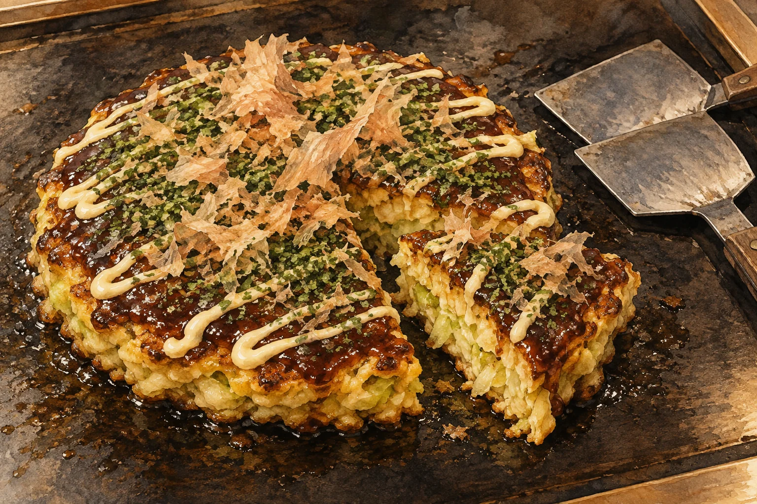 鉄板で焼いたお好み焼きに、ソースとマヨネーズ、青のり、かつお節を添えた風景