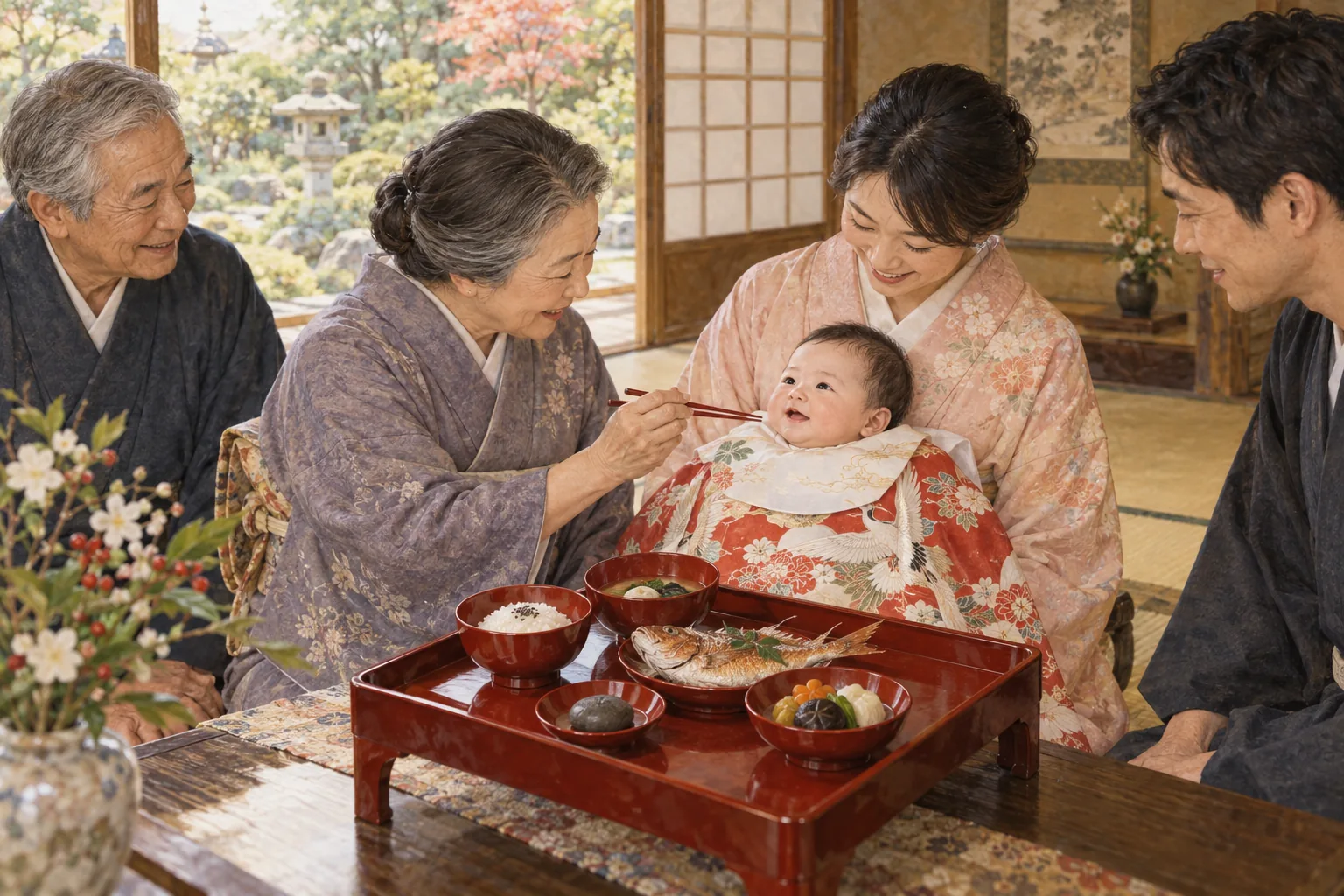 赤ちゃんに祝い膳を見せるお食い初め