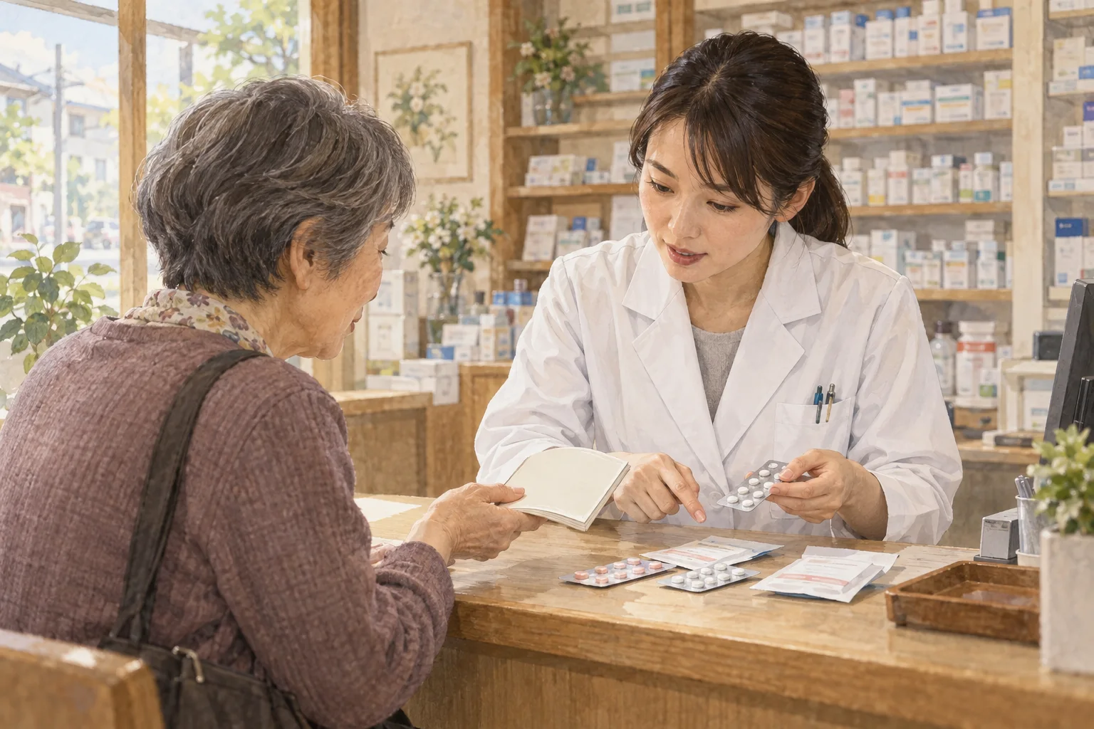 薬局でお薬手帳を薬剤師に見せる患者
