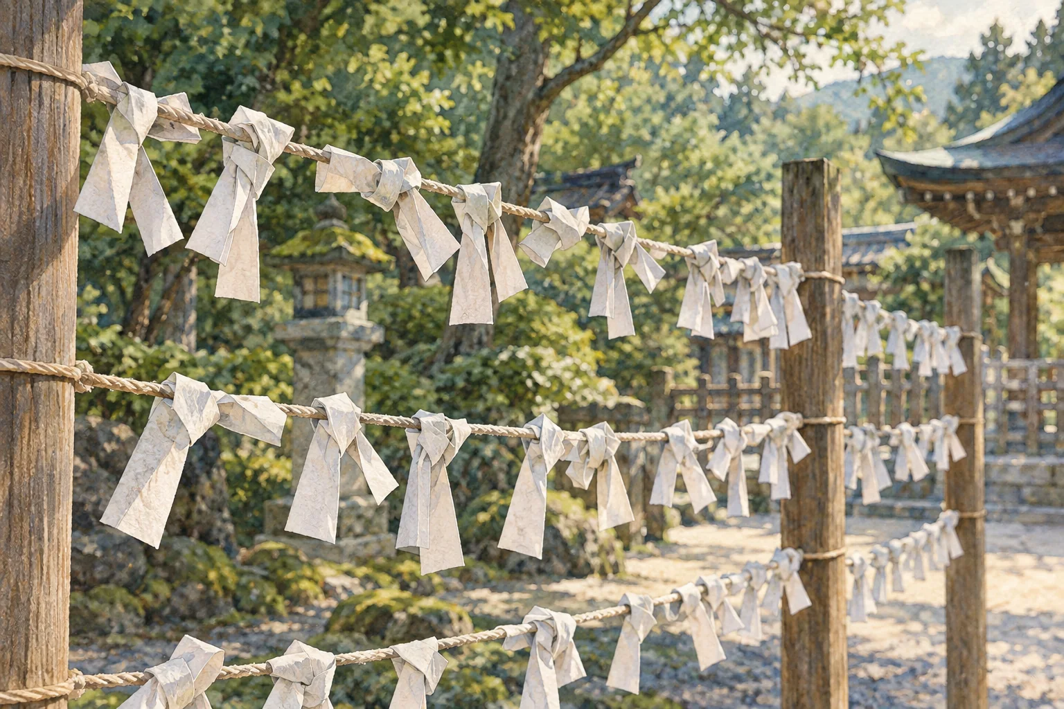 神社のおみくじ結び所に、細く折って結んだ白い紙が並ぶ風景