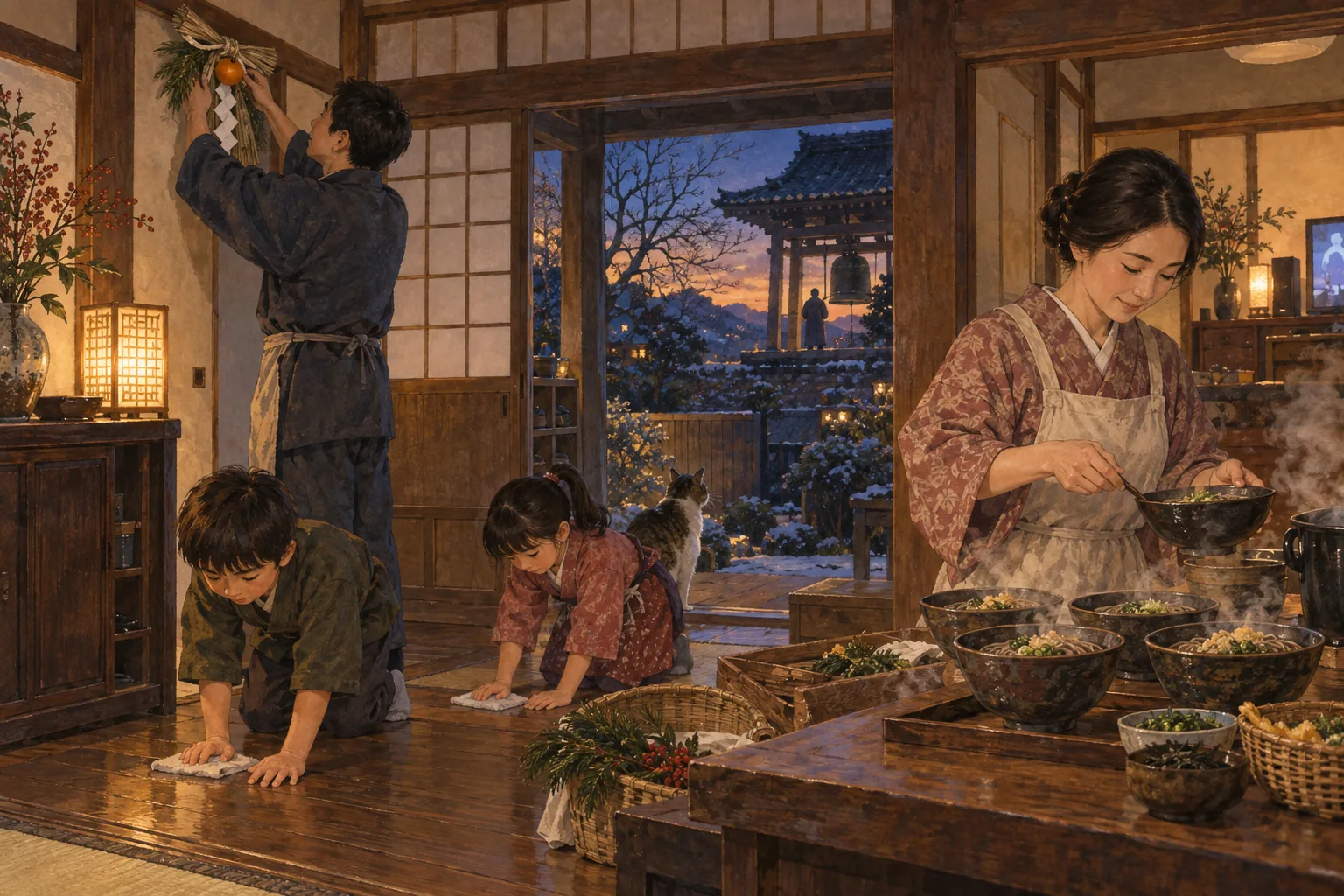 大晦日に掃除と年越しそばの支度をする家族