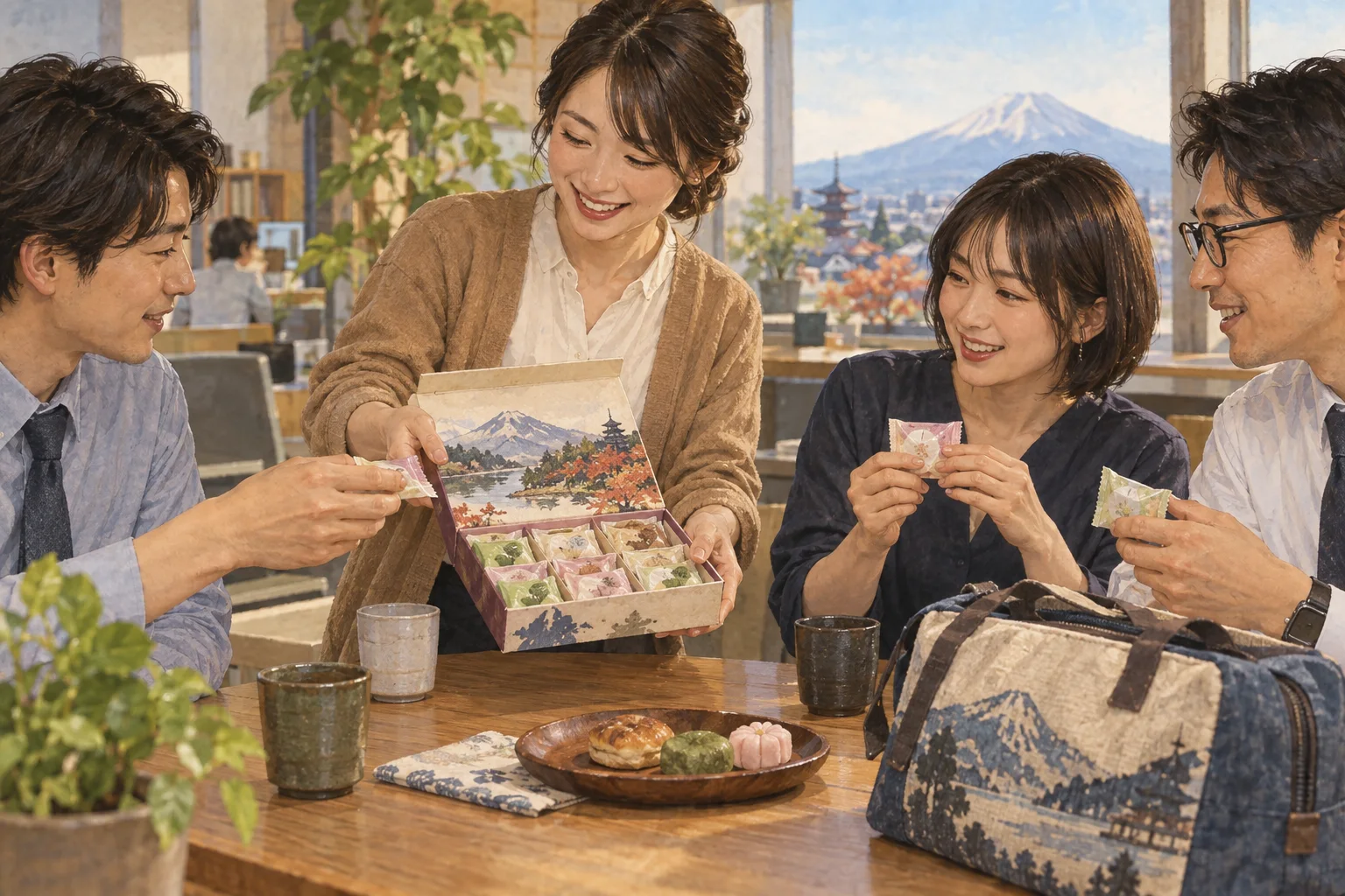 旅行のお土産を職場の同僚に配る会社員