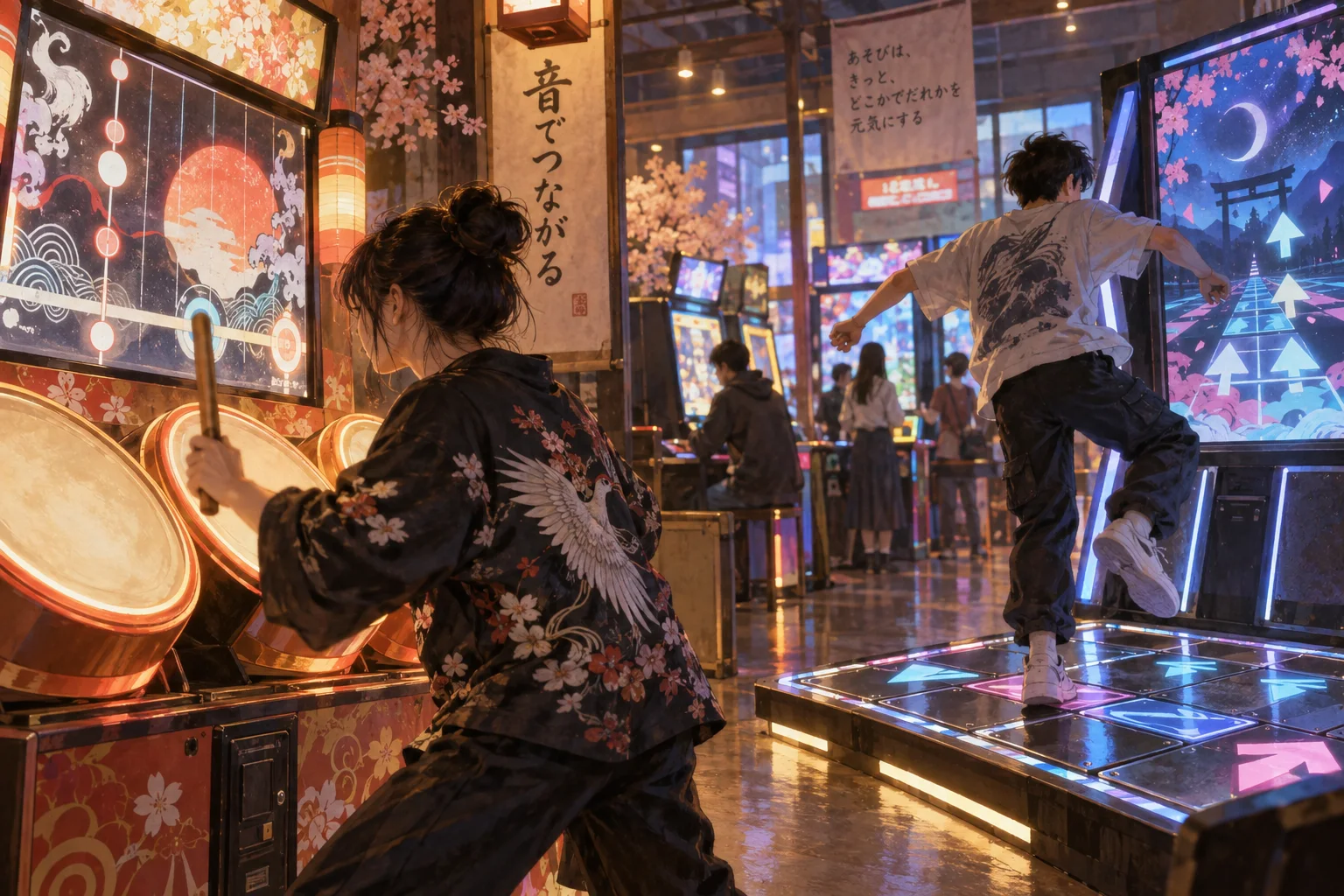 ゲームセンターで音楽ゲームを楽しむ人々