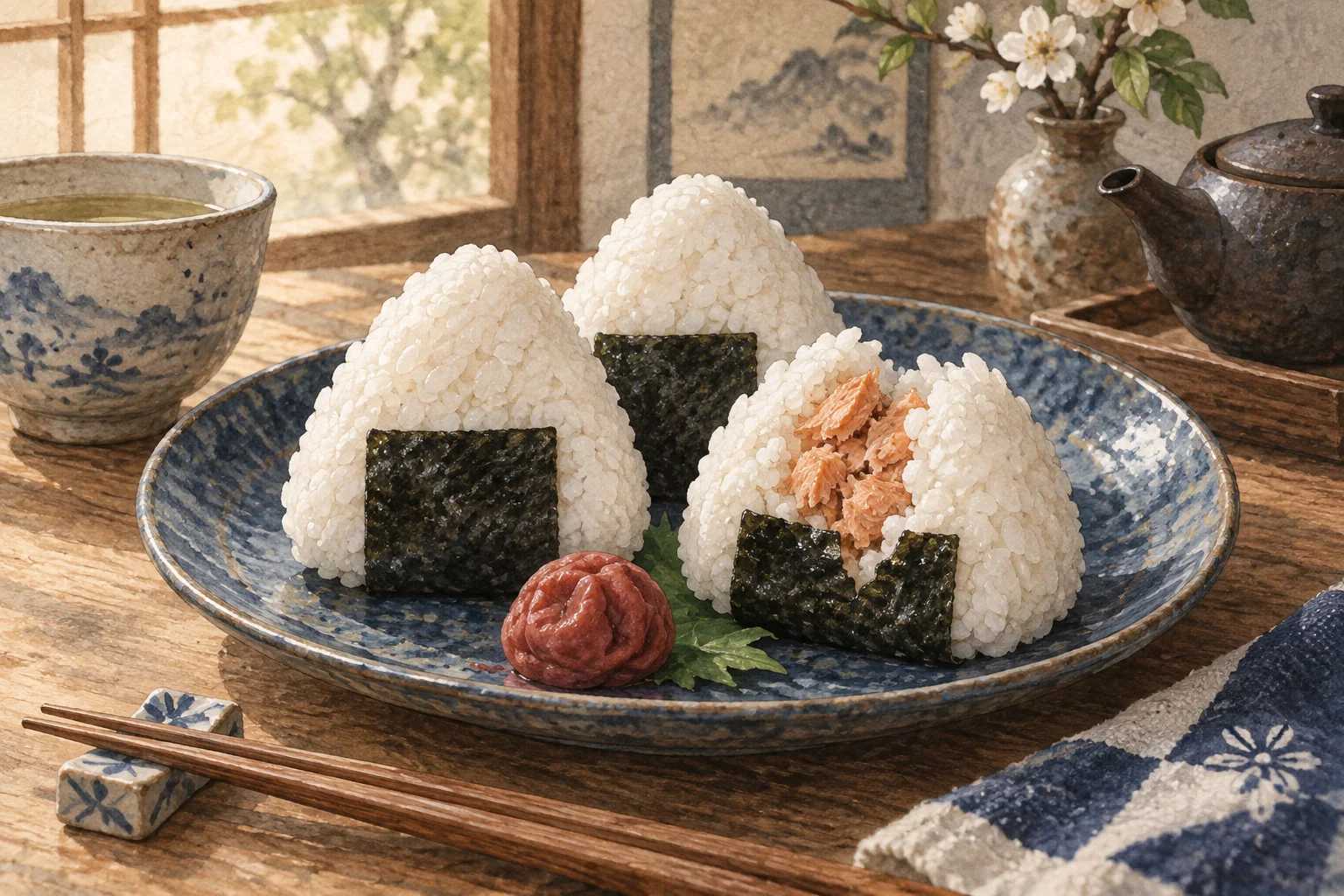 海苔を巻いた三角のおにぎりと、梅干しを添えた陶器の皿