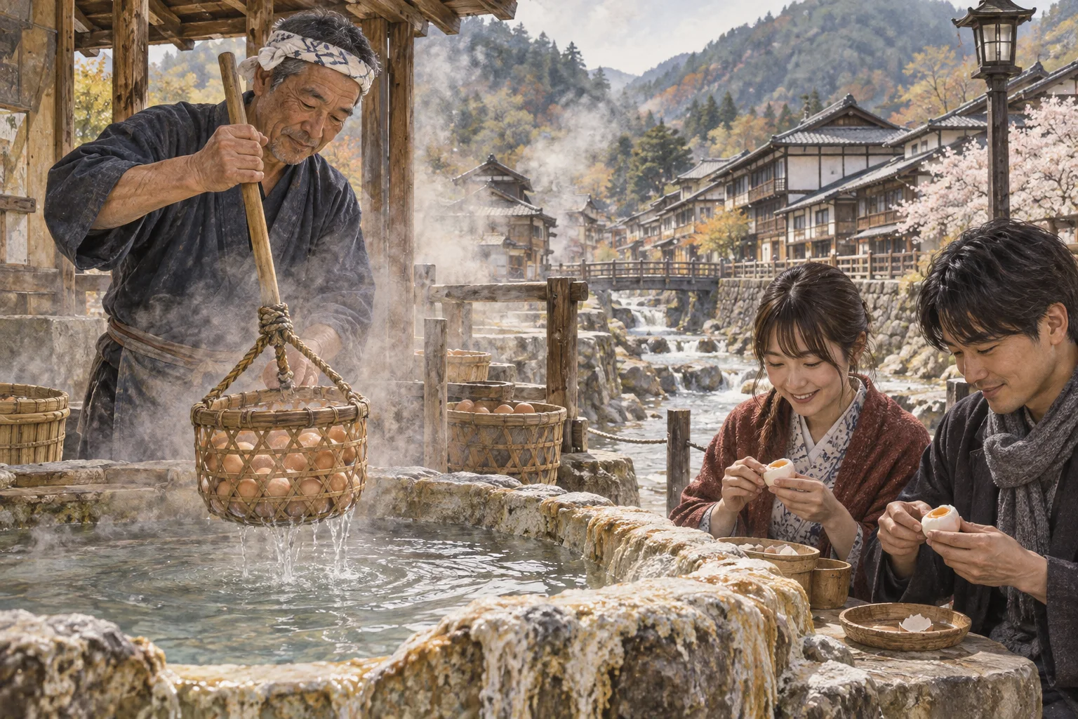 温泉の湯で卵をゆでる温泉街の店主