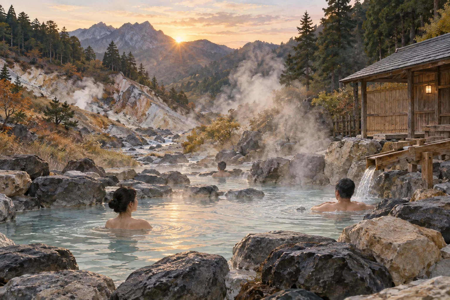 火山の山あいに湯気が立つ露天の天然温泉
