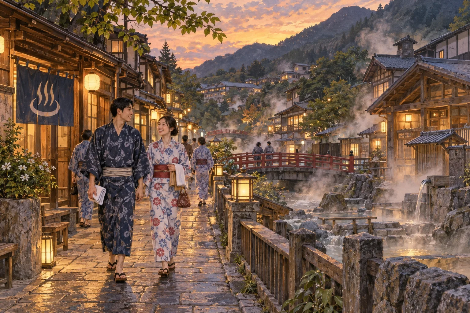 夕暮れの温泉街を浴衣と下駄で歩く宿泊客