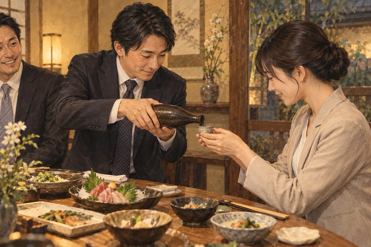 宴席で相手の杯に丁寧にお酌をする人