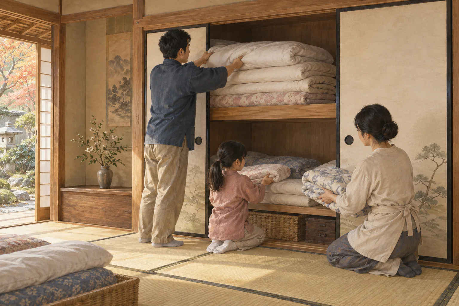 和室の押し入れに布団を収納する家族