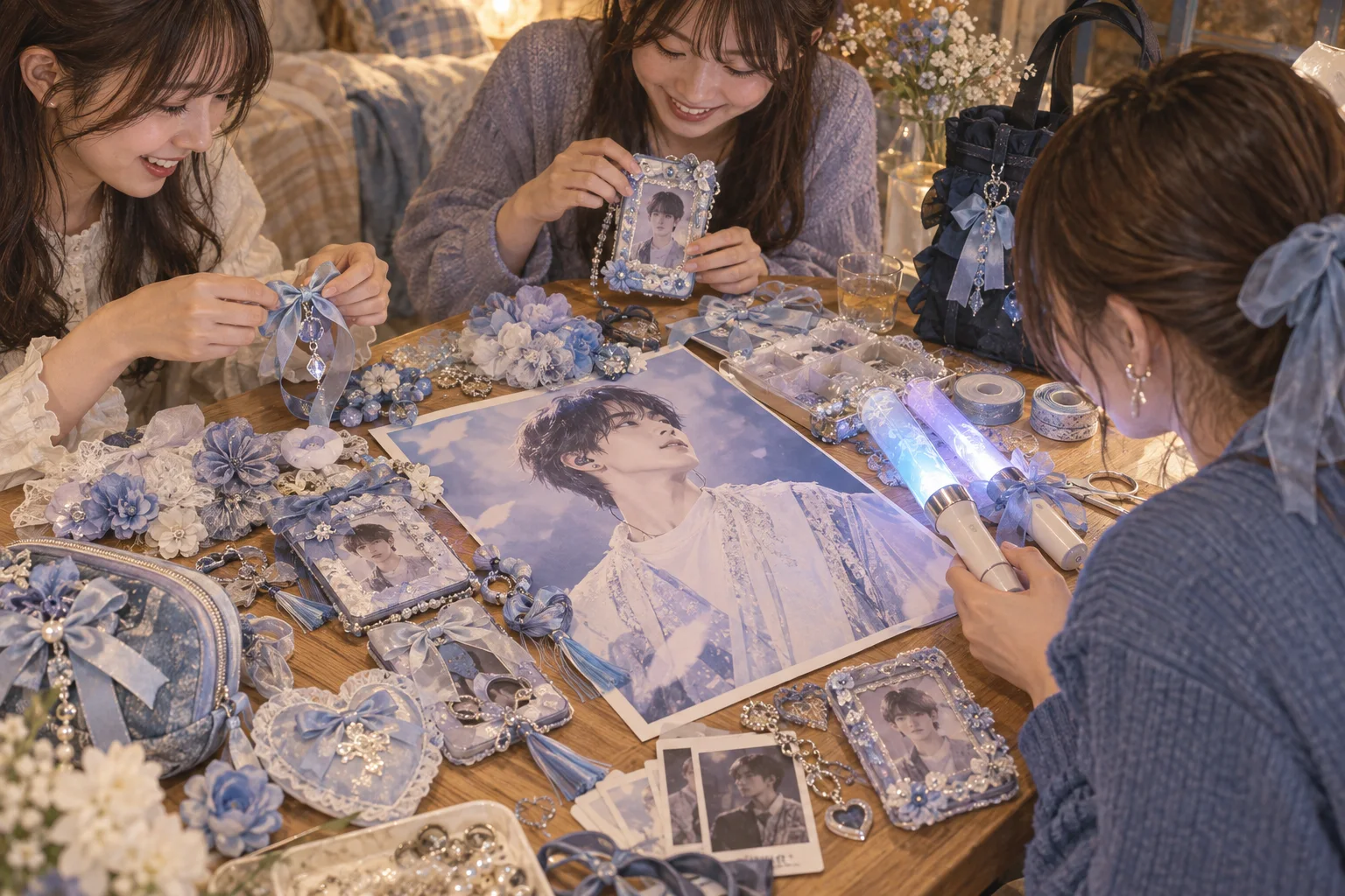 公演前に推し色の小物を準備するファンたち