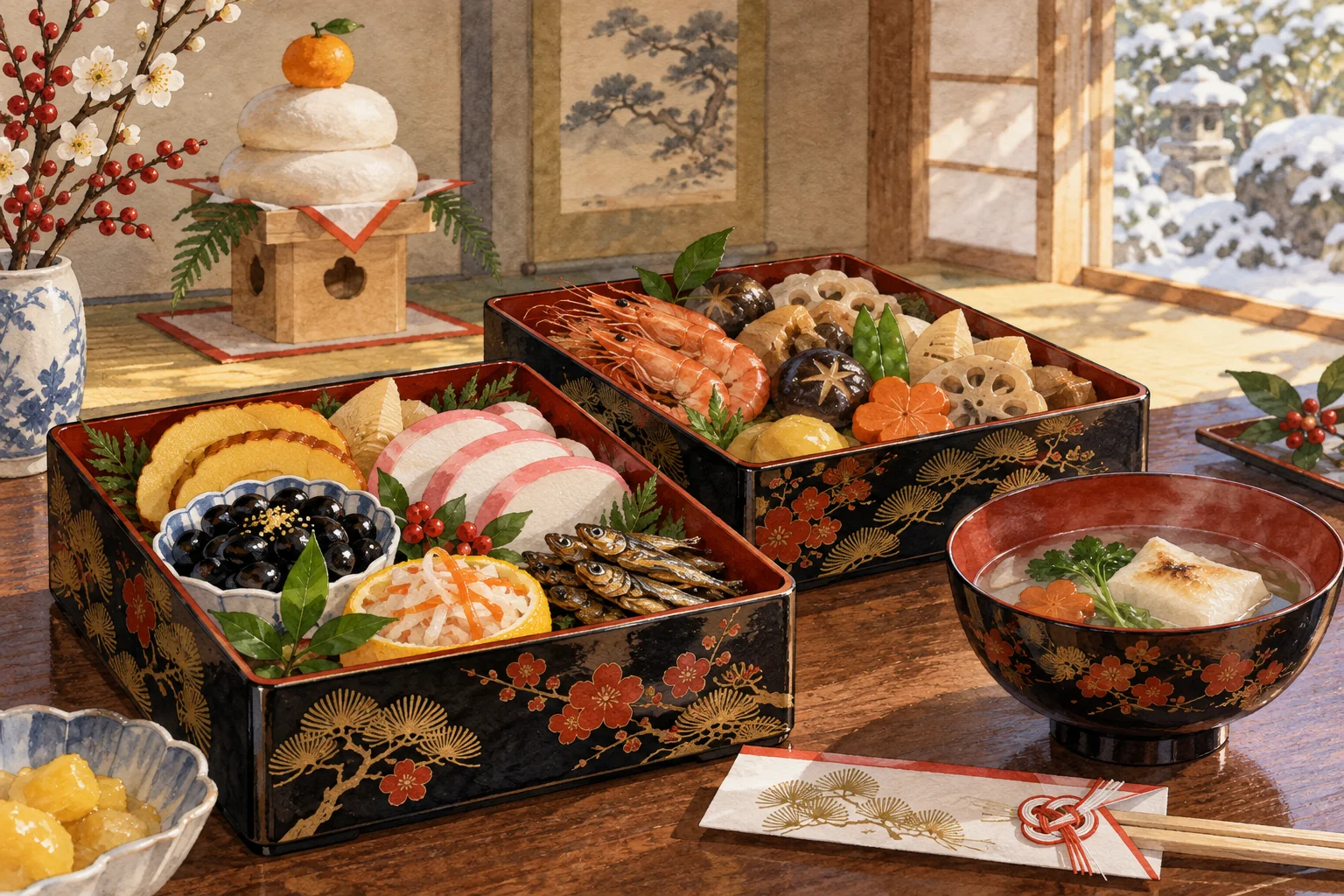 おせち料理とお雑煮を並べ、鏡餅を飾ったお正月の風景
