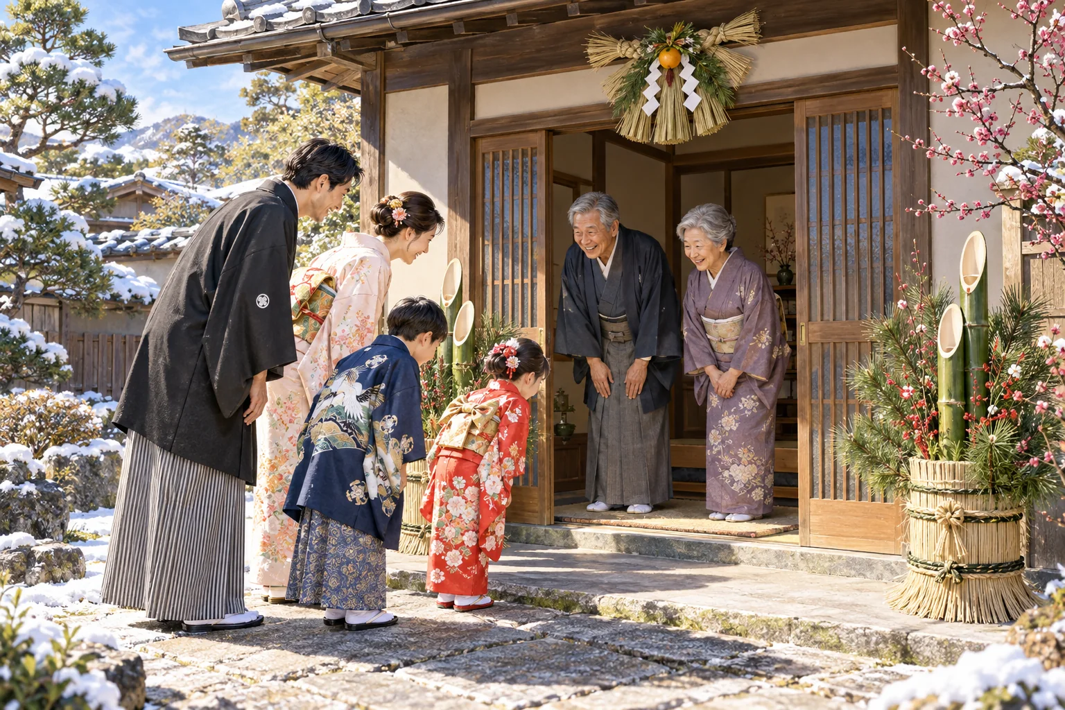 門松としめ飾りのある玄関で、晴れ着の家族が新年の挨拶を交わすお正月
