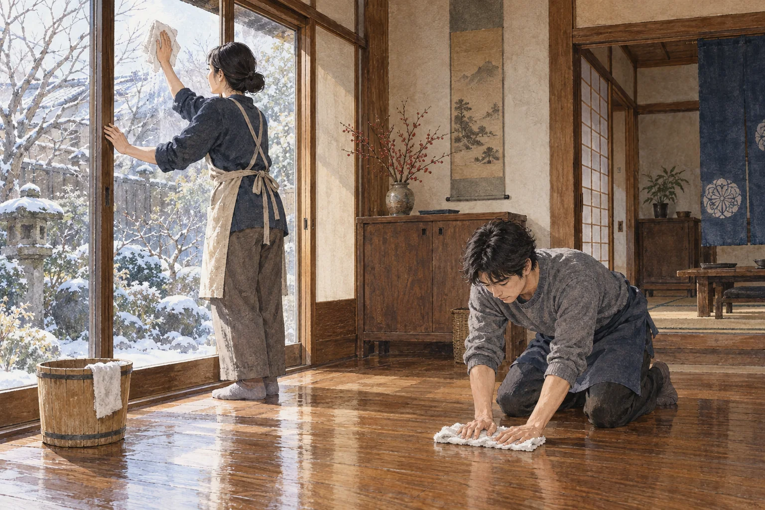 年末に家の窓や床を丁寧に掃除する人々
