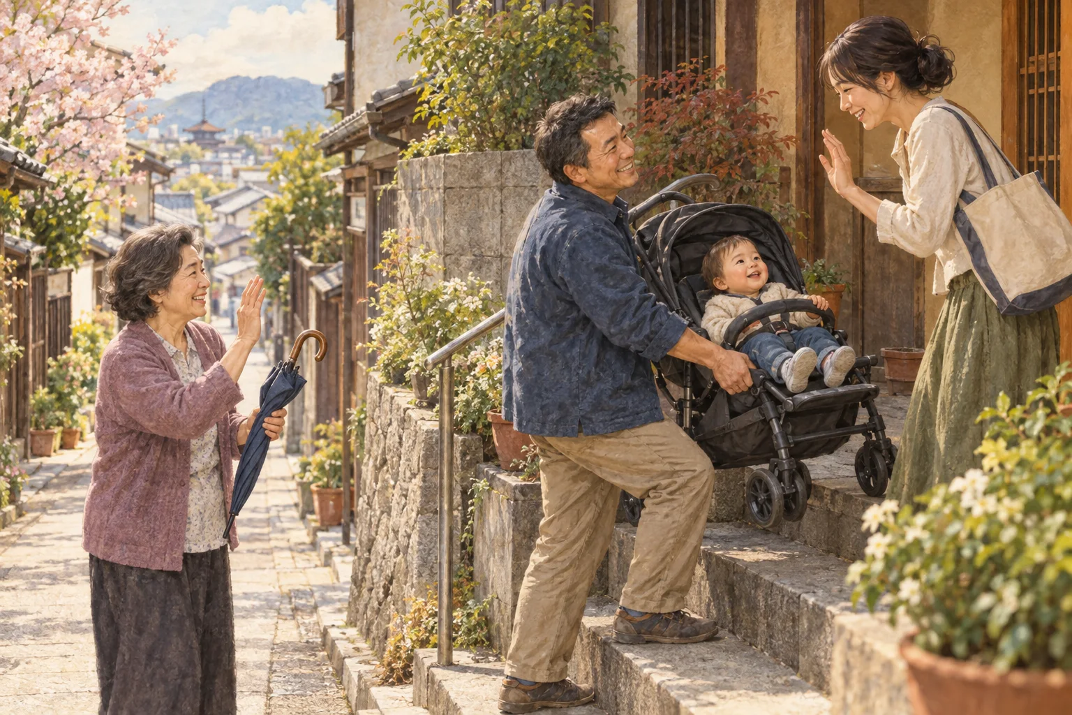 互いに助け合いお互いさまと笑う近所の人々