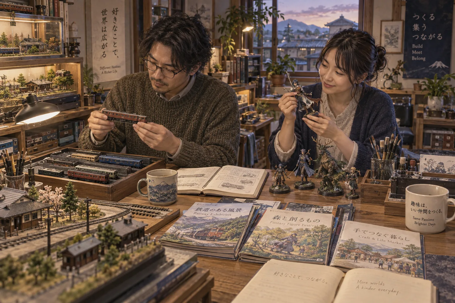 趣味の品を整理しながら語り合う愛好家たち