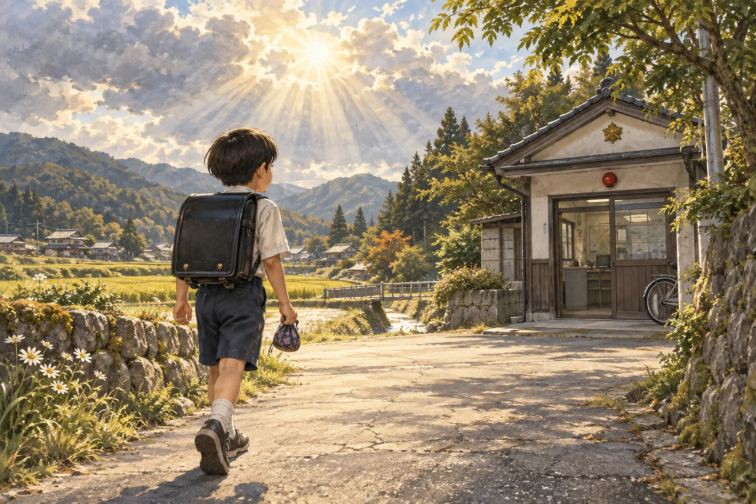 誰もいない道で拾得物を届けようとする子どもとお天道様