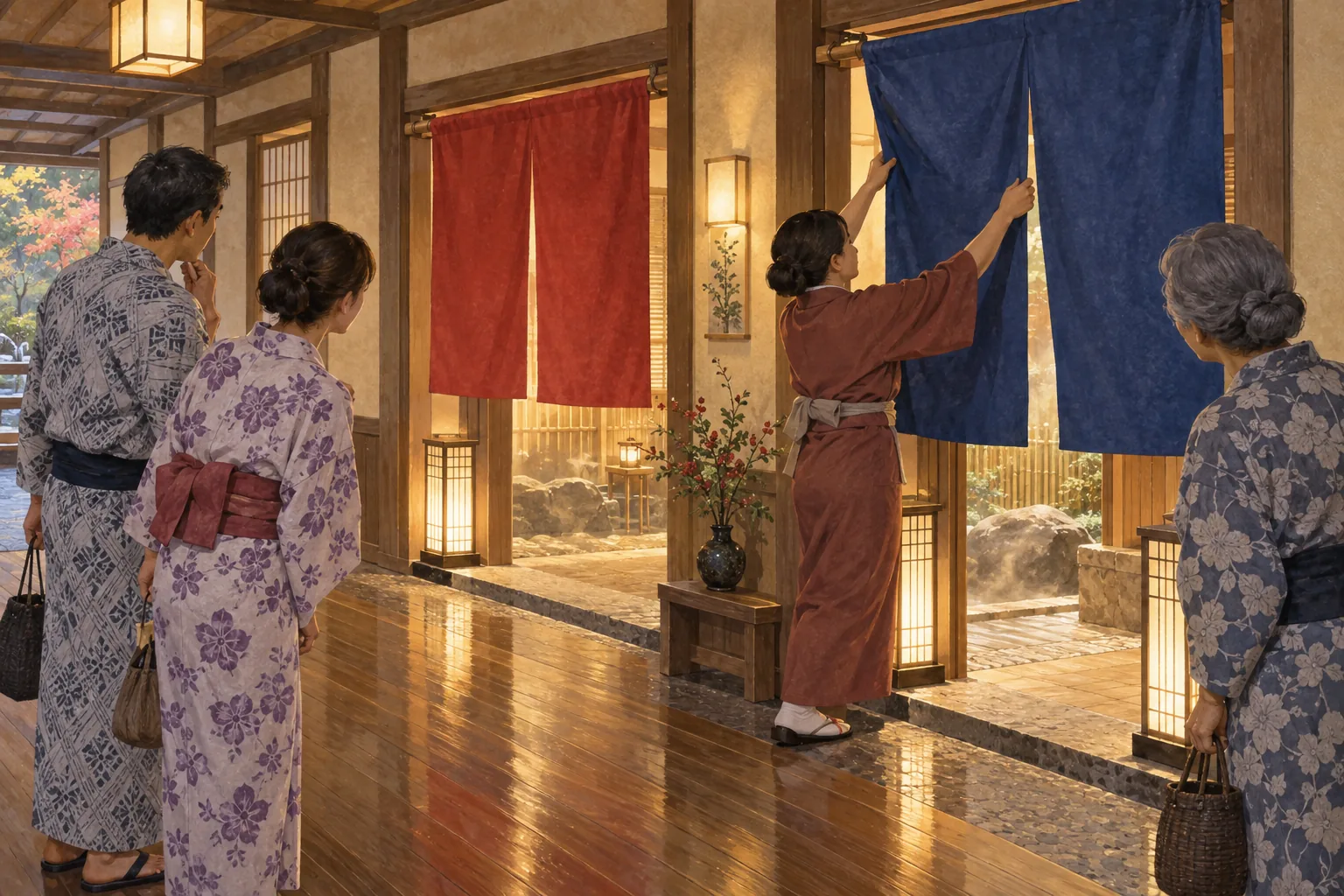 旅館で男湯と女湯の暖簾を入れ替える係員