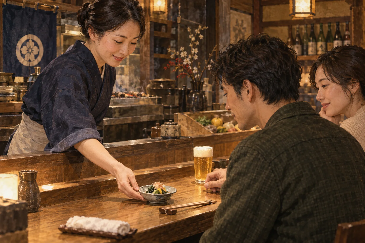 居酒屋で飲み物とともにお通しを出す店員