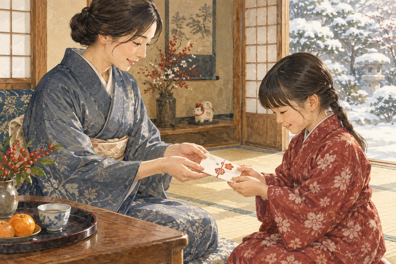 小さなぽち袋を子どもに手渡すお年玉の場面
