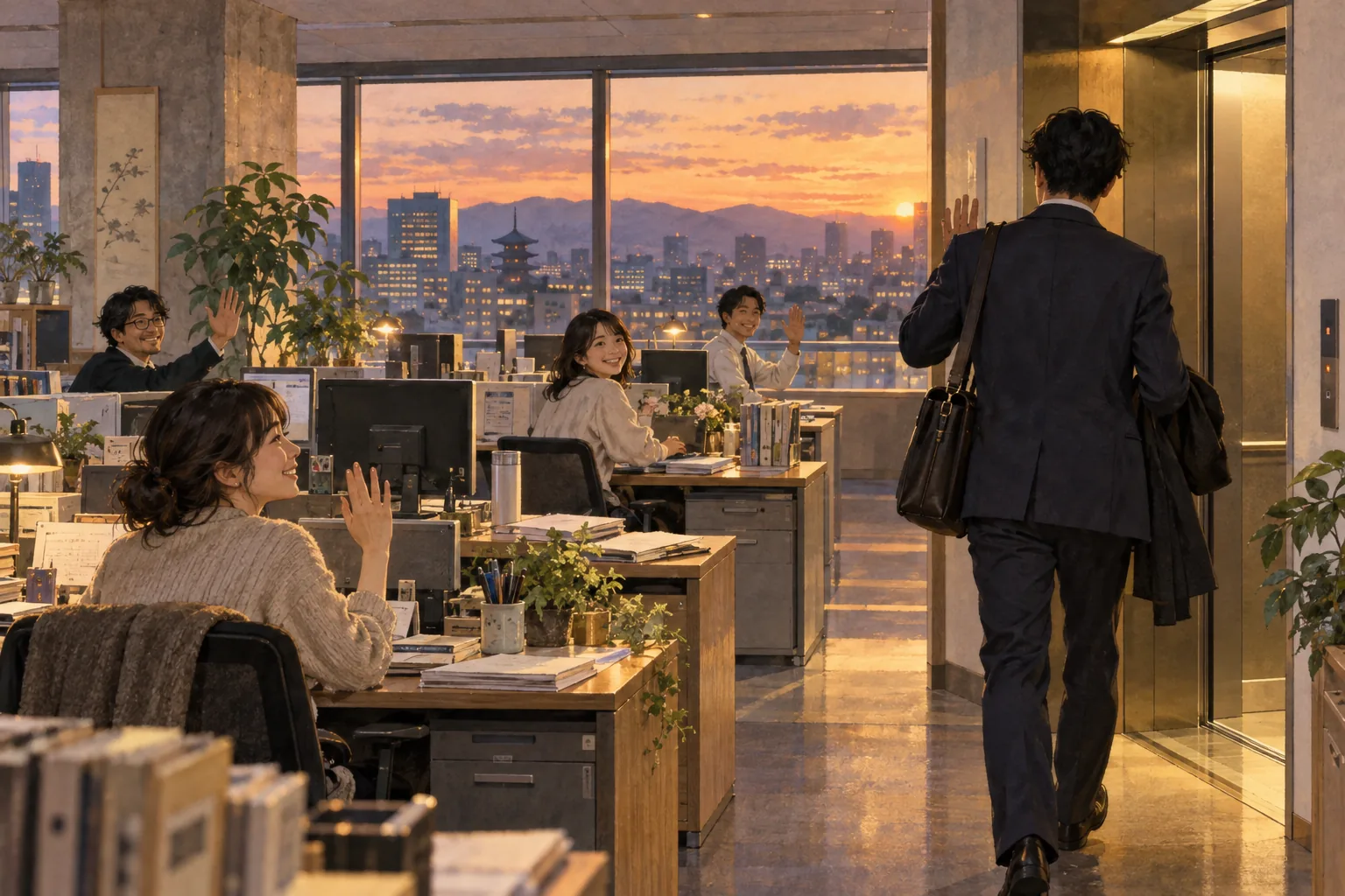 退勤する同僚にねぎらいの挨拶を交わす職場