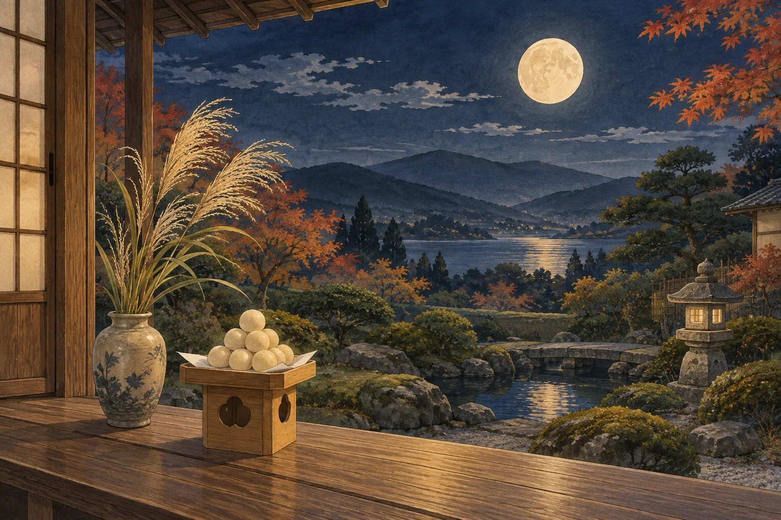 満月が浮かぶ秋の庭を望む縁側に、月見団子とすすきを供えたお月見のイラスト