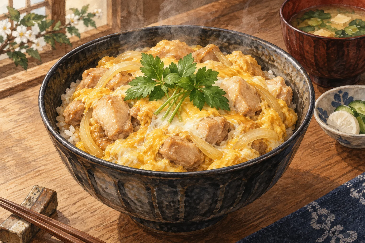 鶏肉とふんわりした卵、玉ねぎをのせた親子丼