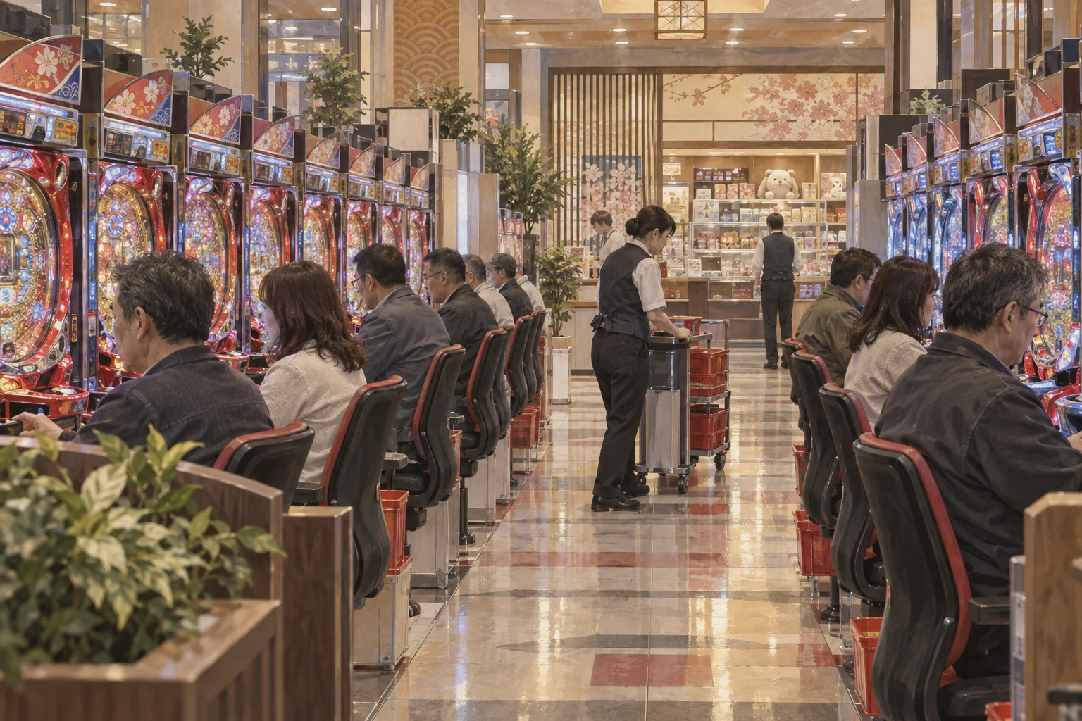 パチンコ店の機械が並ぶ店内で遊ぶ大人たち