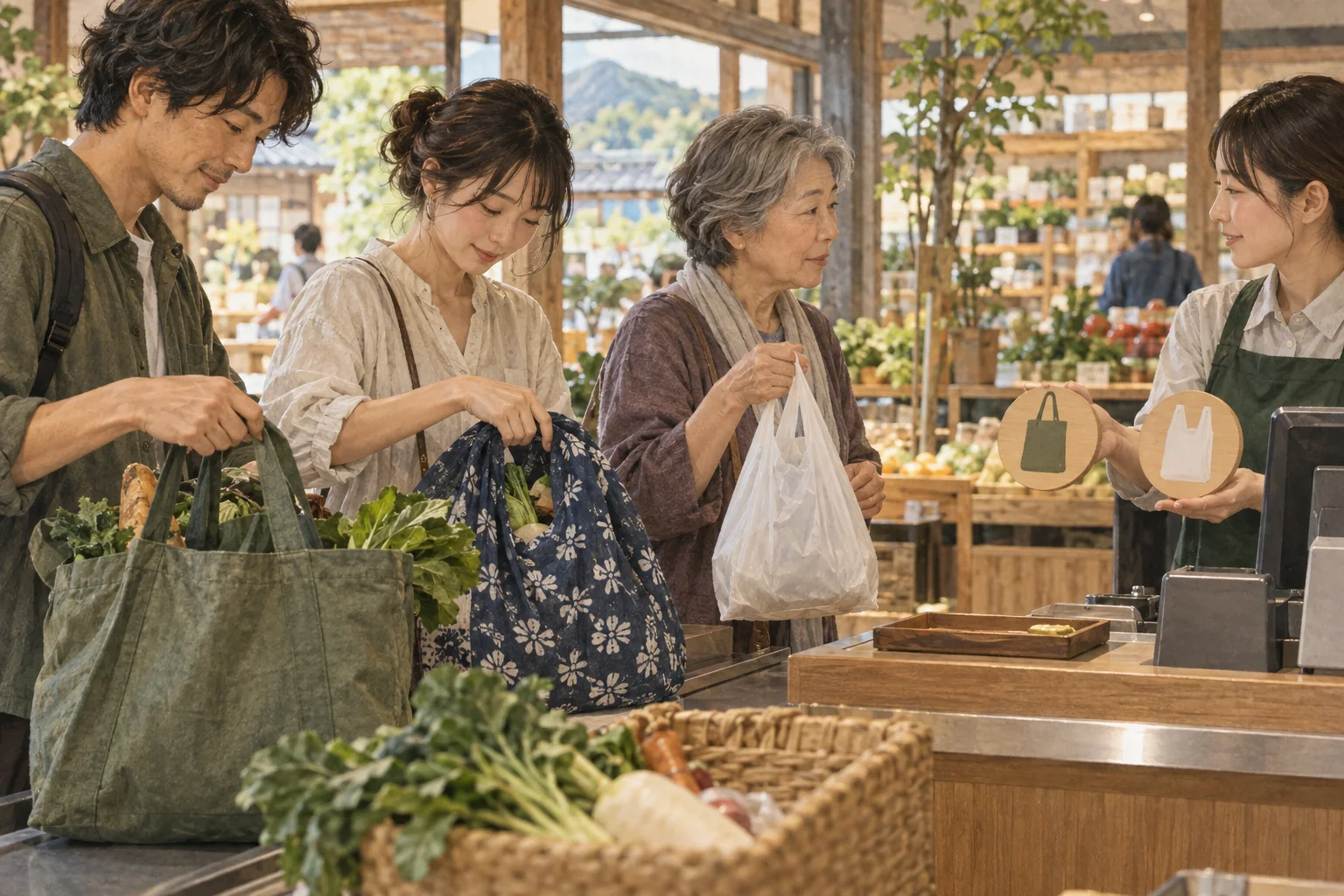 スーパーの会計でマイバッグと有料レジ袋を選ぶ買い物客