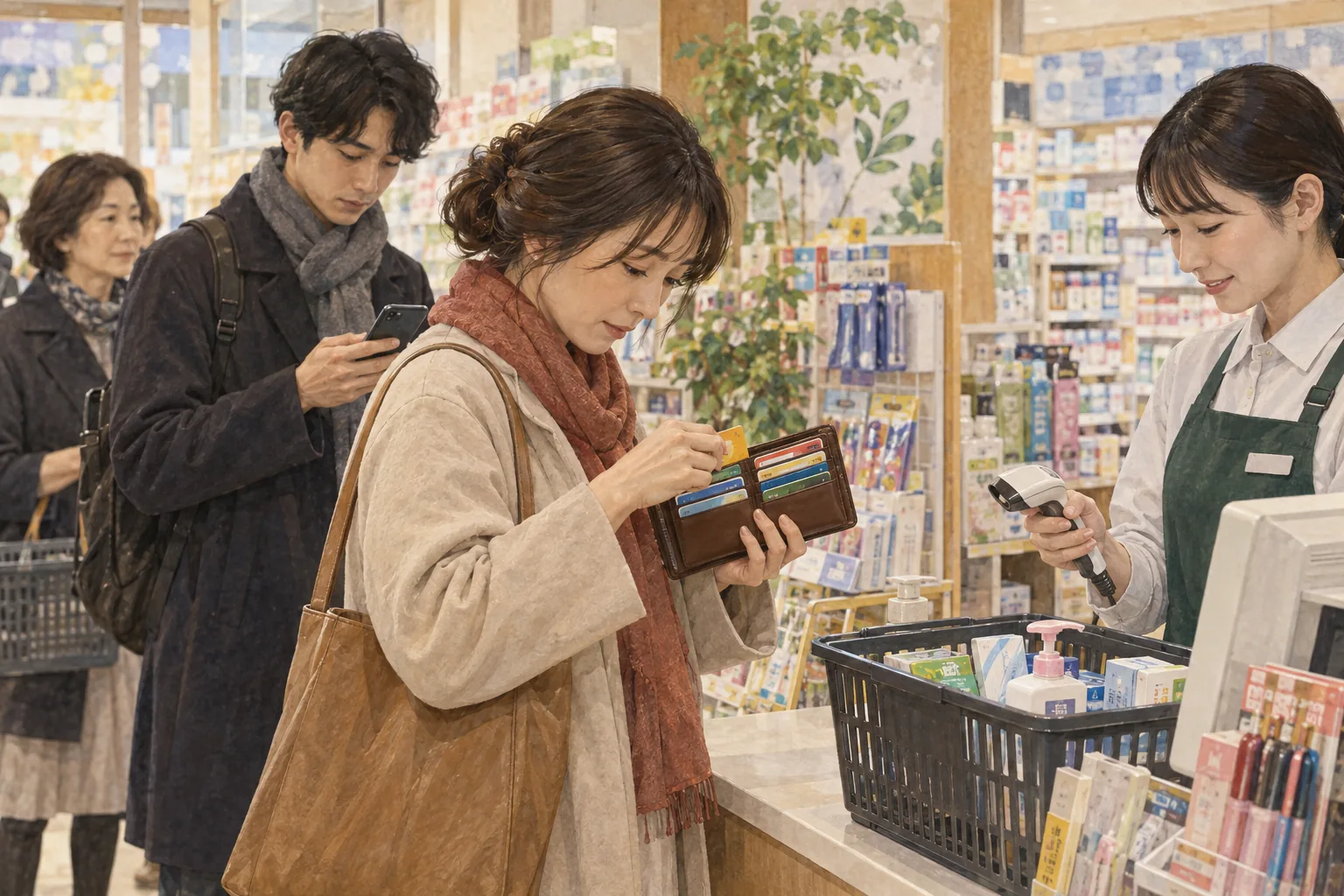 レジで財布のポイントカードを探す買い物客