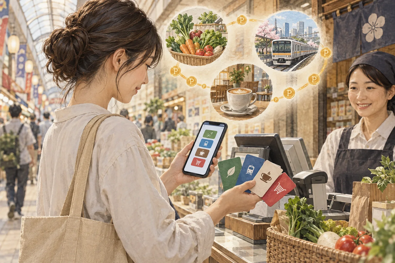 店頭で複数のポイントサービスを使い分ける買い物客