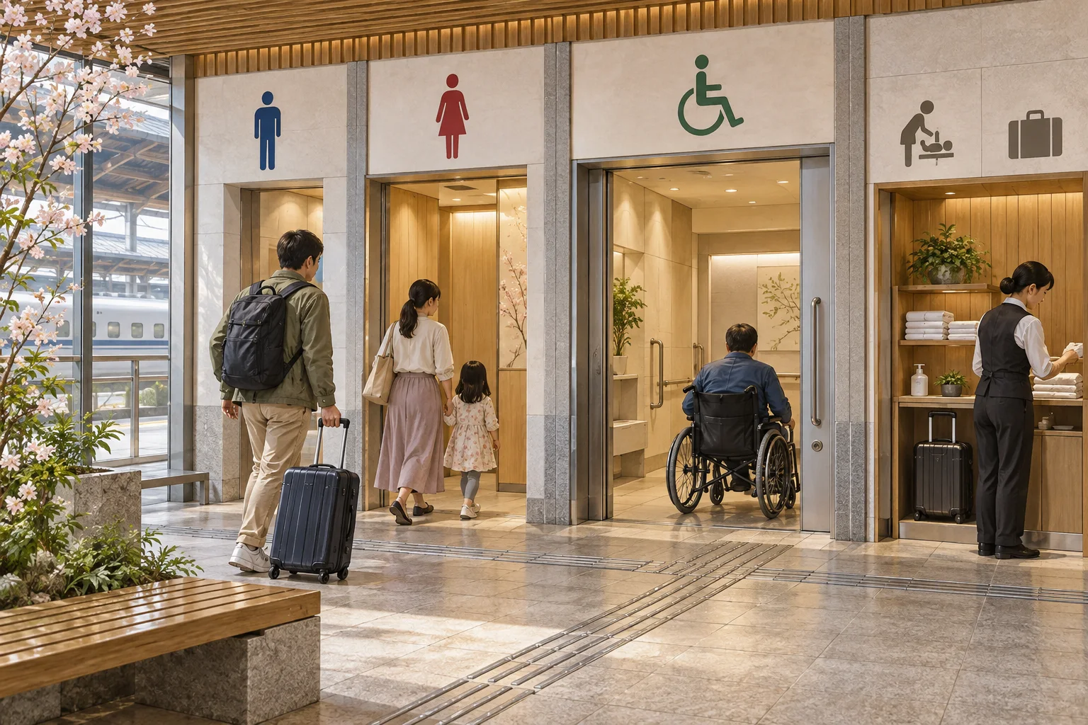 駅の清潔でバリアフリーな公共トイレを利用する人々