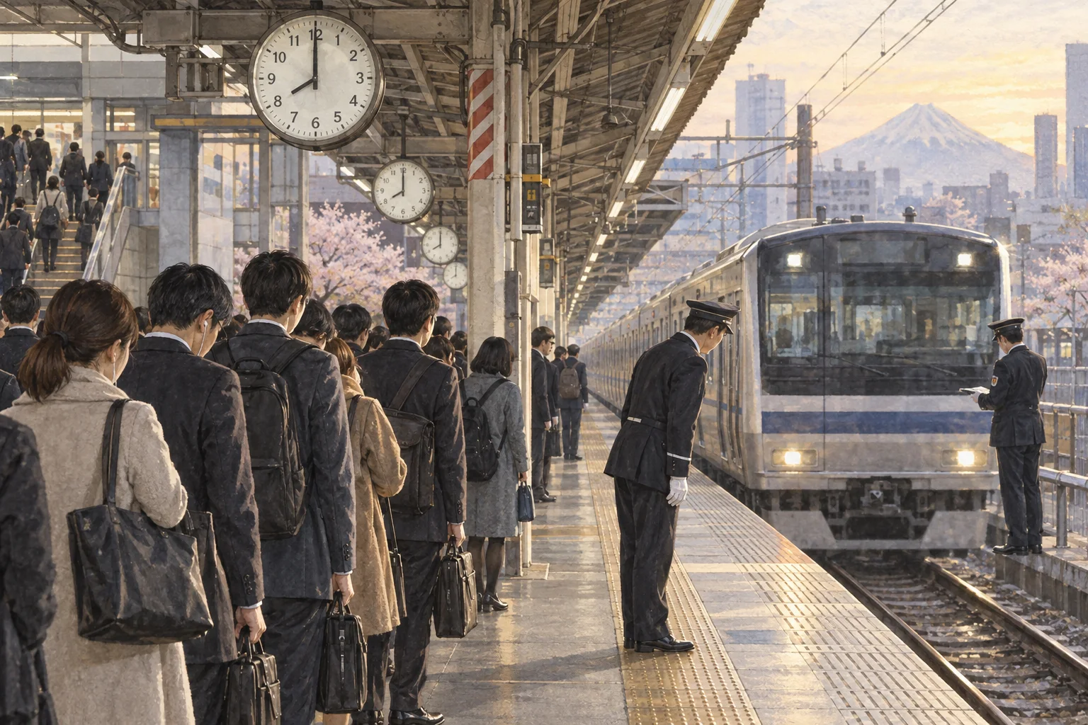 時刻に合わせて正確に到着する通勤電車
