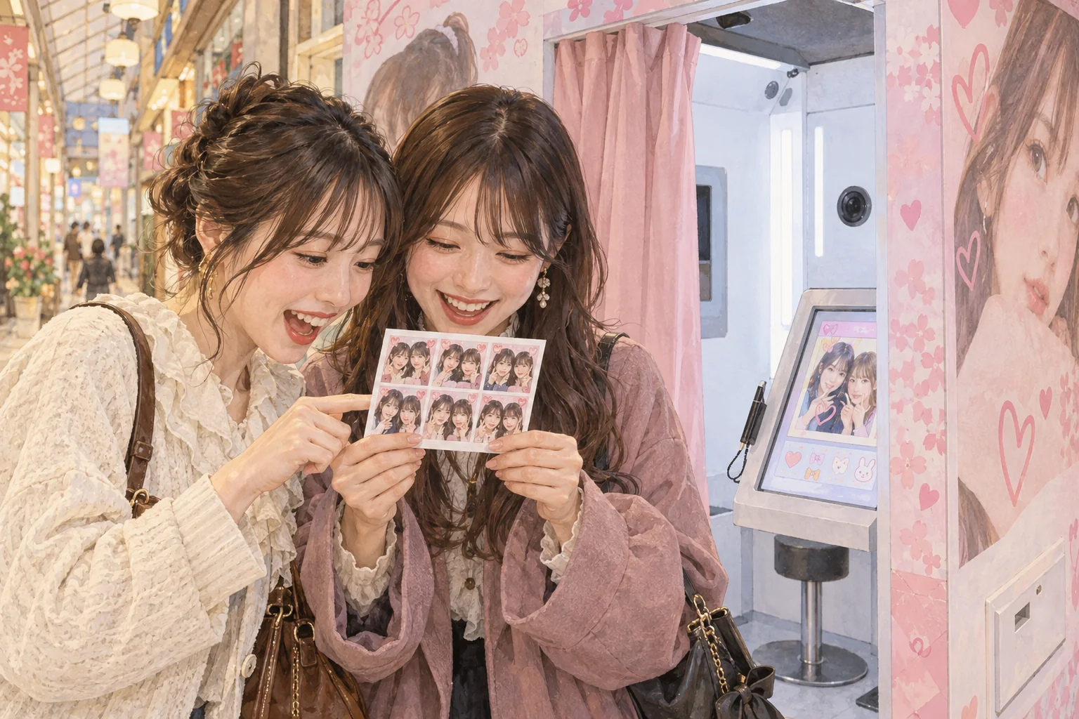 プリクラの写真シールを受け取る友人たち