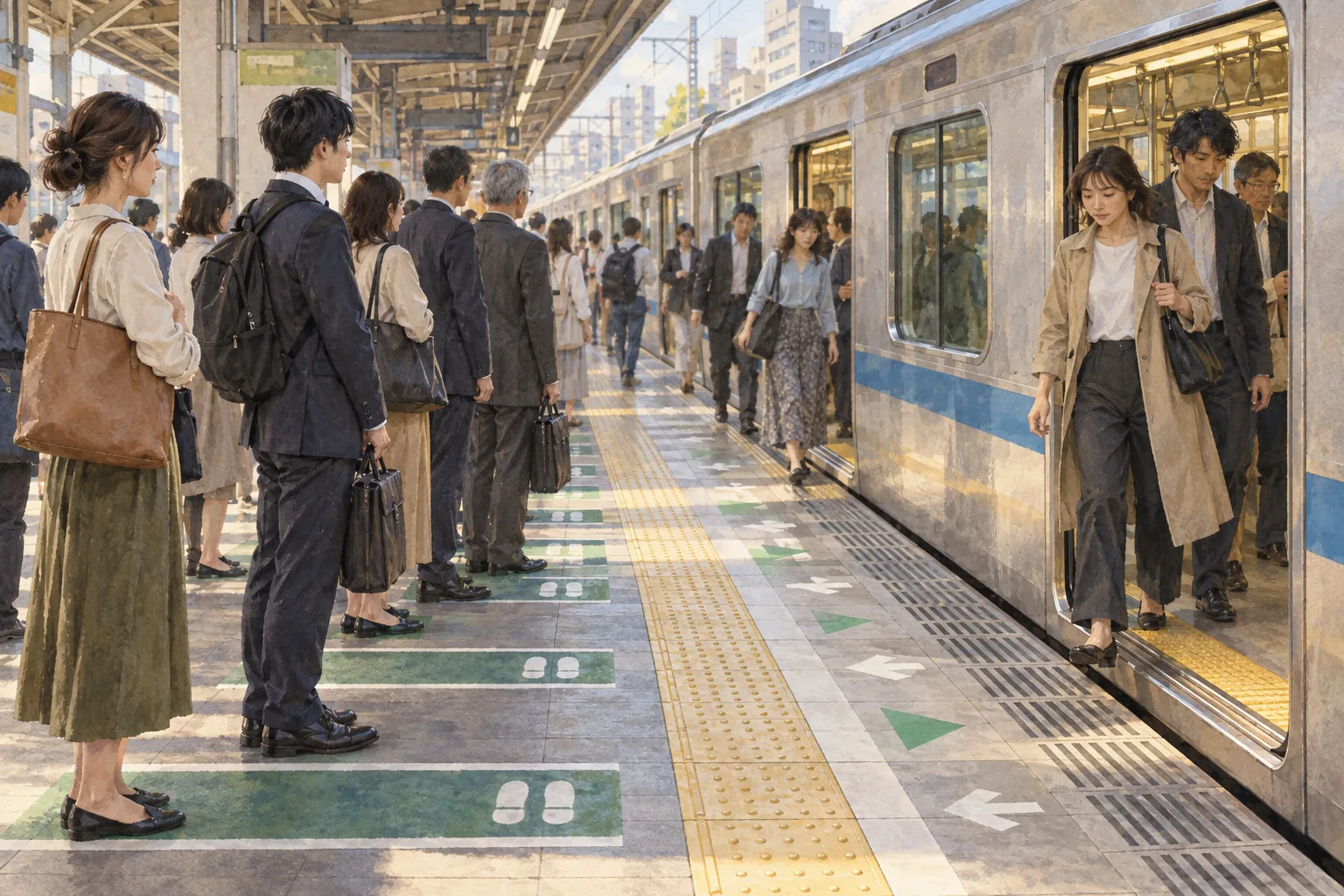 降りる人を待って列に並ぶ駅の乗客