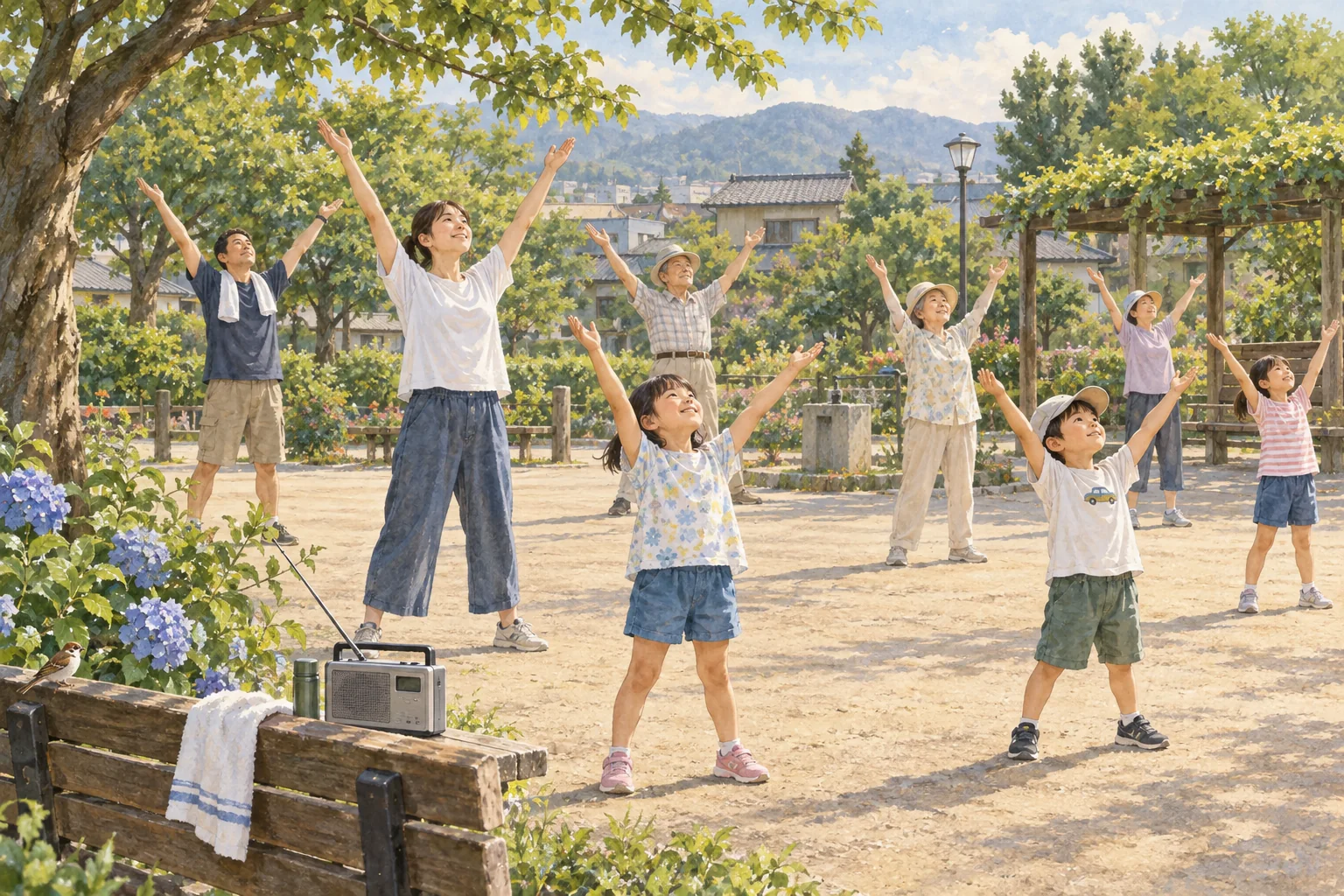 公園でラジオに合わせて朝の体操をする人々