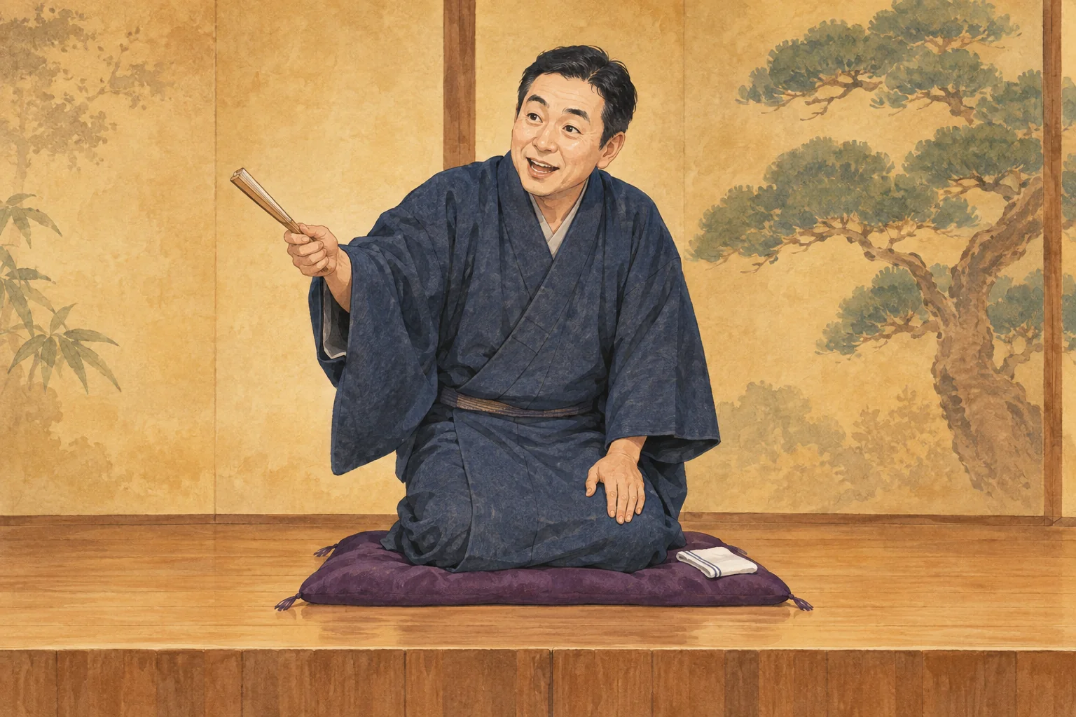 座布団に正座し、扇子と手ぬぐいで語る落語家