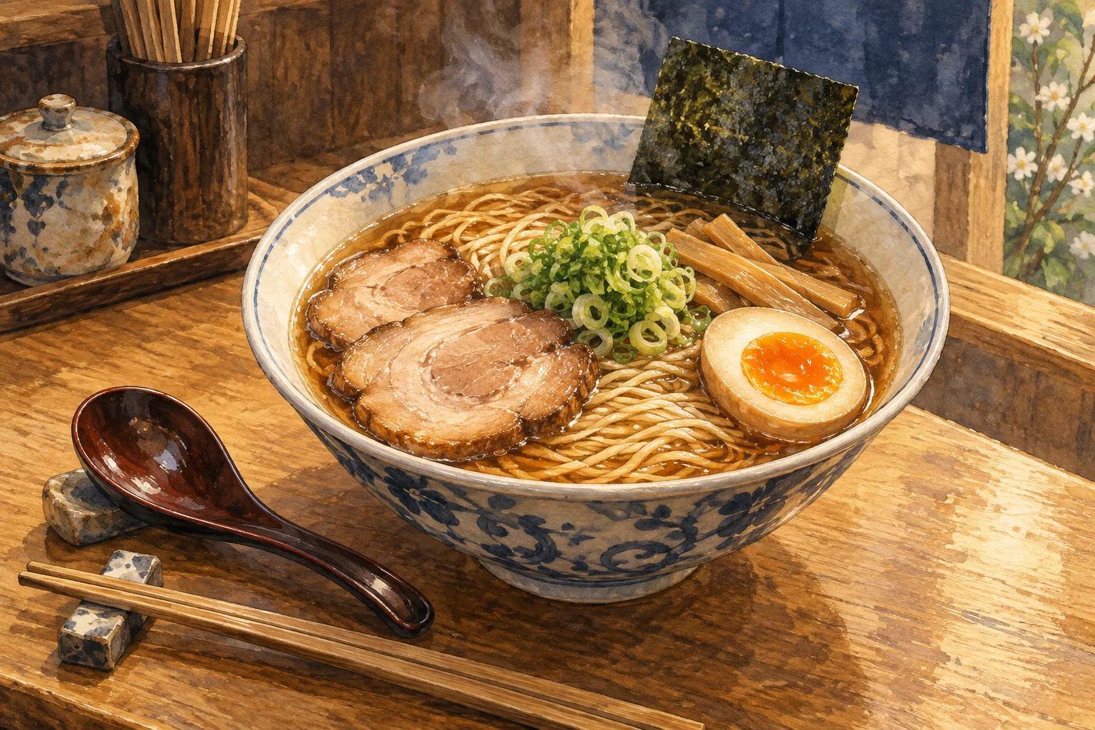 A bowl of shoyu ramen with sliced pork, egg, scallions and nori.