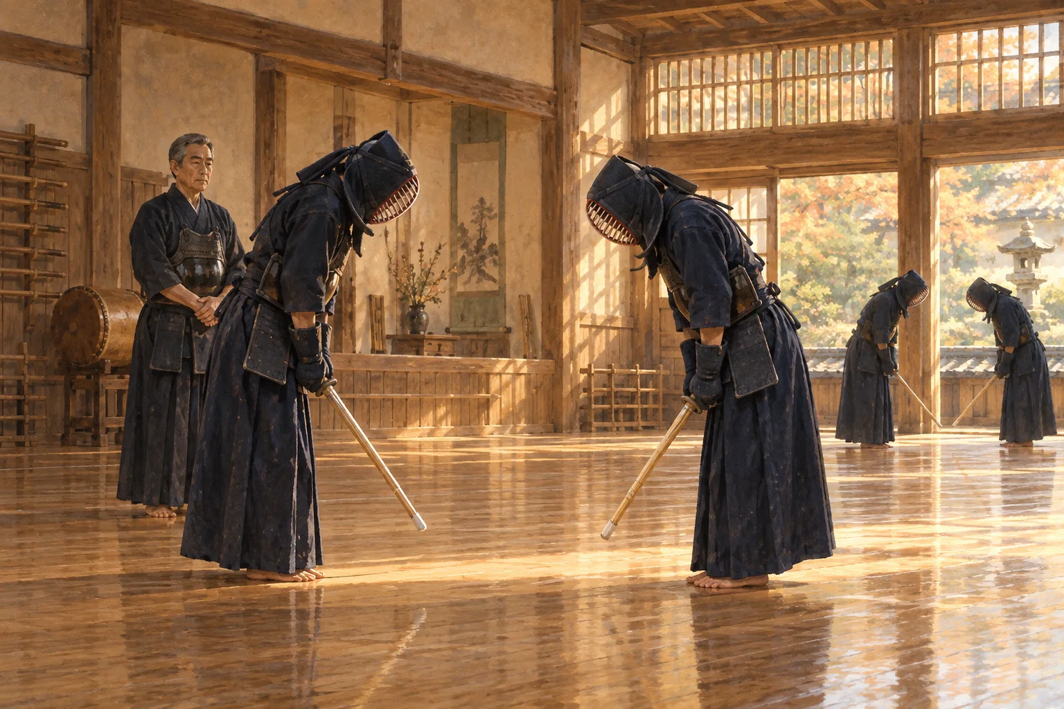 稽古の終わりに互いへ礼をする剣道部員