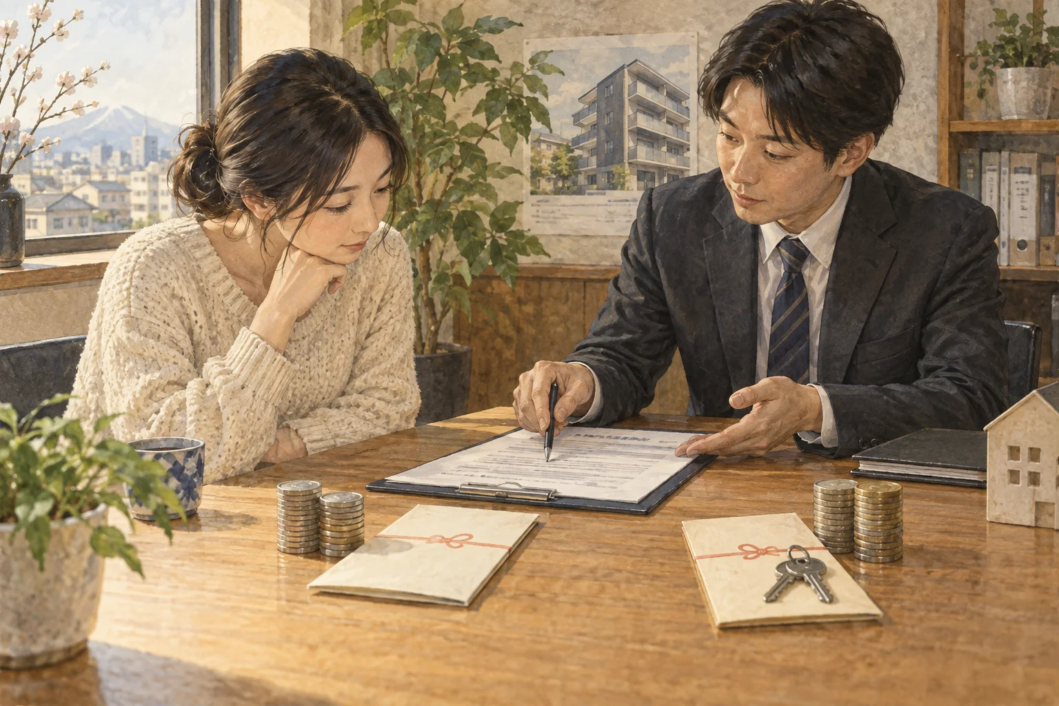 不動産店で敷金と礼金を確認する入居者
