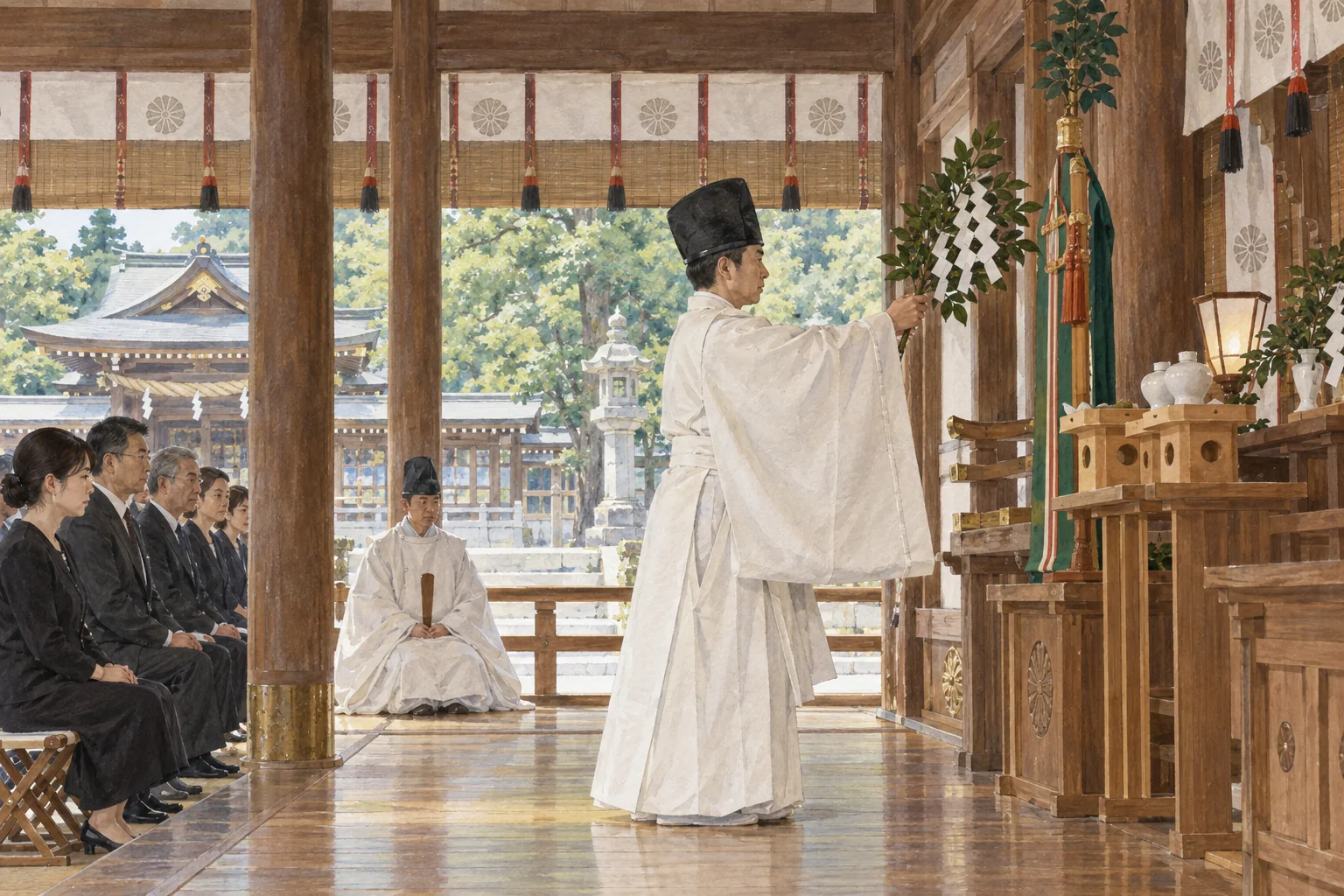 神社の例大祭で、神職が参列者を前に玉串を奉る厳かな神事