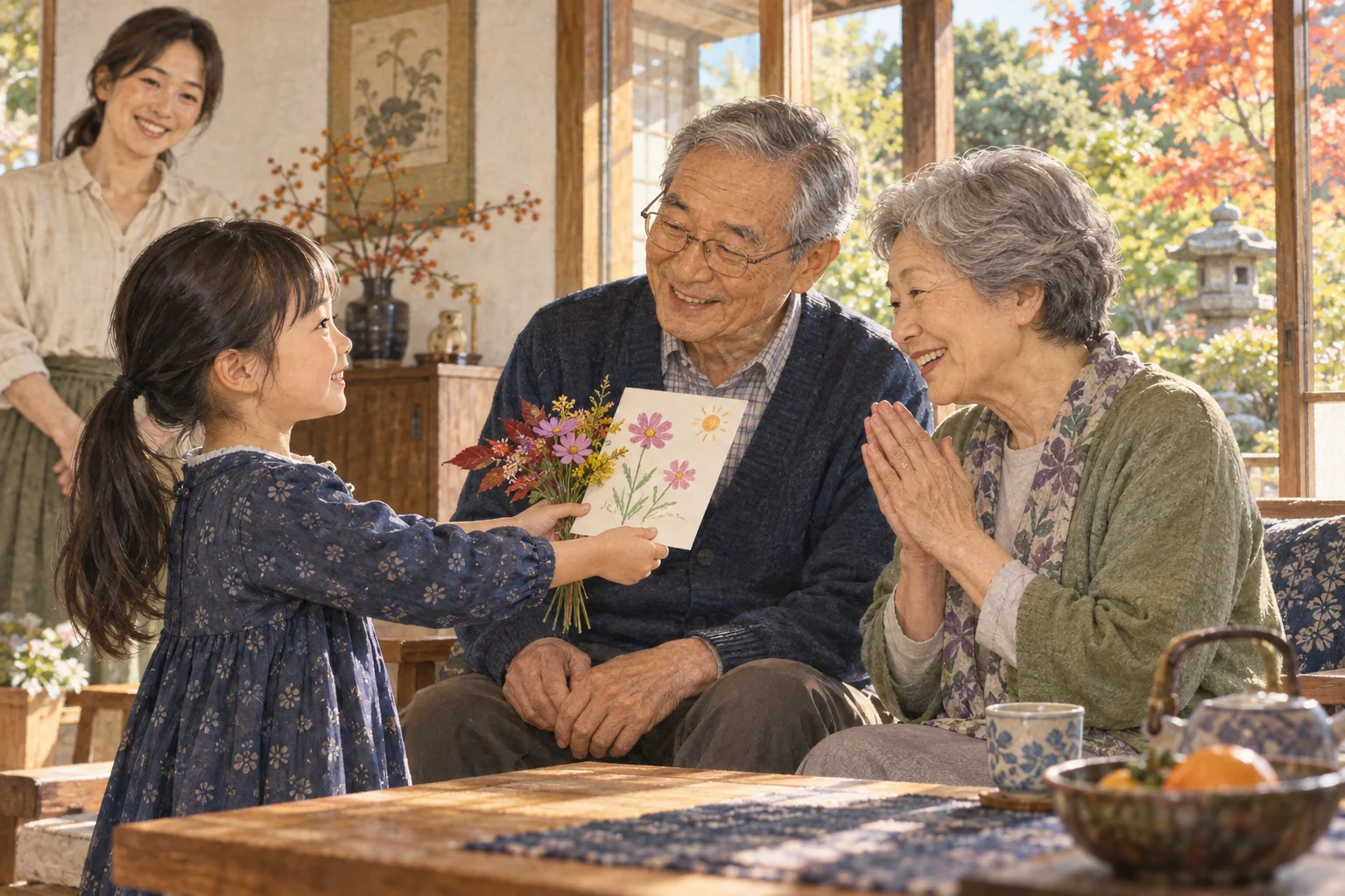 孫から手作りカードと花を受け取る祖父母